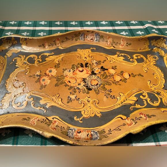 Vintage Made in Japan Alcohol Proof Paper Mache Blue Pink Mustard Serving Tray - Picture 3 of 8